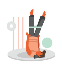 Cartoon guy doing stretching exercise on his feet lying on floor. Morning workout indoors. Healthy and active lifestyle. Regular physical activity. Vector