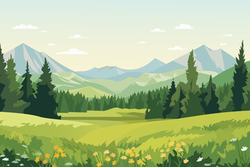 Beautiful landscape. A magnificent forest glade of flowers with stunning mountains in the background.  - obrazy, fototapety, plakaty