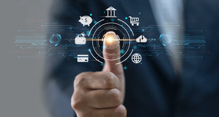 Futuristic digital processing of biometric identification fingerprint scanner for access personal financial data. surveillance and security scanning of digital programs cyber futuristic applications