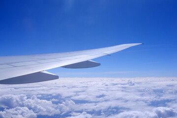 Close up Airplane Wing with Beautiful Blue Sky Background.