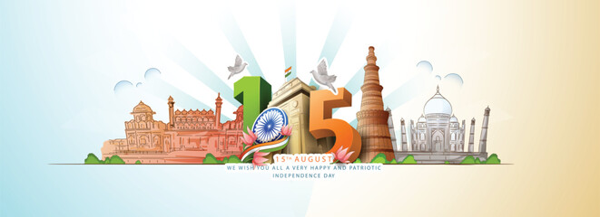 vector illustration of Independence Day of India, for 76th Independence Day of India with indian monuments sketch and Creative National Tricolor Indian flag design and flying pigeon.

