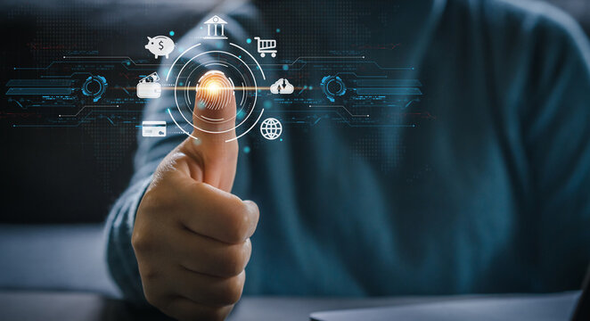 Futuristic digital processing of biometric identification fingerprint scanner for access personal financial data. surveillance and security scanning of digital programs cyber futuristic applications