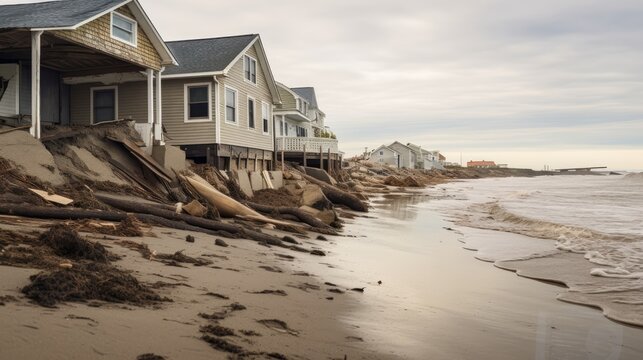 Sinking Shorelines: Coastal areas eroded by the relentless force of rising tides, portraying the vulnerability of coastal communities. | generative ai