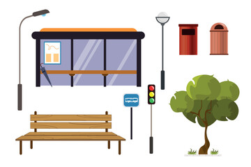 Set of bus stop elements in cartoon style. Vector illustrations of different signs of a bus stop: sign, timetable, umbrella, lamp posts, bench, traffic light, tree and garbage cans.