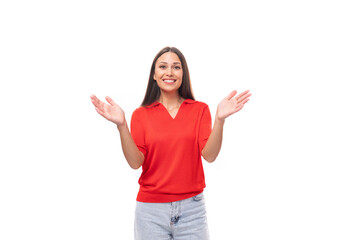 portrait of a charming cute young european brunette lady in a red t-shirt on a white background with copy space