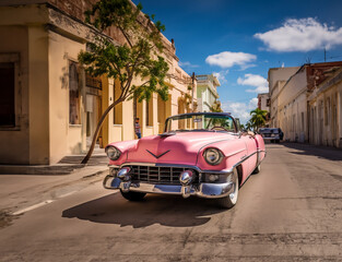 Vibrant illustration of American vintage car driving in Havana, Cuba in daylight. Colorful exotic retro Havana's streets make a magnigicent magical cityscape.	
