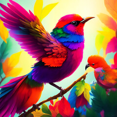3d digital art. Drawing colorful wallpaper. tropical forest, multicolor birds, 
tropical plants, and flowers illustration