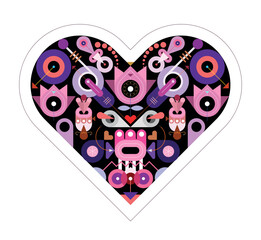 Heart shape design includes many abstract different objects and elements isolated on a black background, flat style vector graphic artwork.