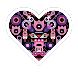Gordijnen Heart shape design includes many abstract different objects and elements isolated on a black background, flat style vector graphic artwork. ©  danjazzia