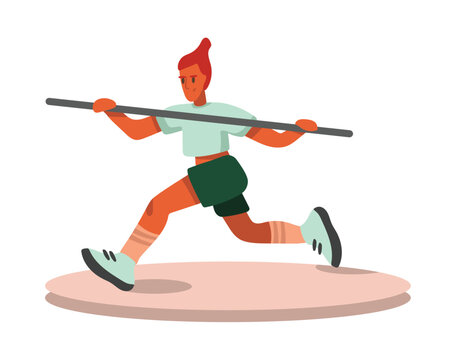 Cartoon red haired girl running in preparation for pole vault. Time for javelin throw. Process of doing sports exercises. Active and healthy lifestyle. Vector