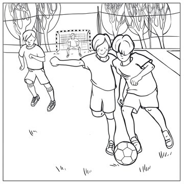 Children play football in the stadium in summer. black and white illustration for cutting
