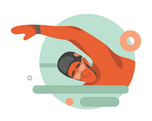 Handsome cartoon guy in goggles and cap doing swim. Workout with sportive equipment. Time for swimming. Active and healthy lifestyle. Vector flat illustration