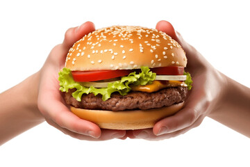 Hamburger Held in Hands on Transparent Background Illustration, AI