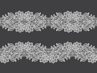 Seamless abstract lace floral background. White lace flowers. Vector lace ribbon. - obrazy, fototapety, plakaty