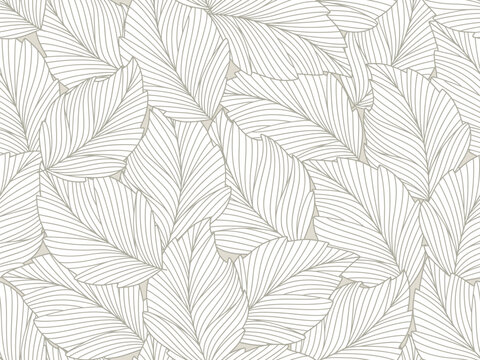 Seamless floral abstract background with leaves drawn by thin lines. Grey background with white leaves, monochrome.Vector floral pattern © Tashsat