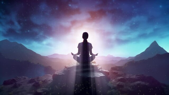 Silhouette woman meditating on top mountain with rays of rising sun, zen yoga meditation practice in nature 3D video endless loop background.