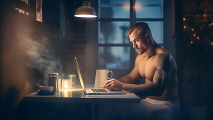 gorgeous buff caucasian shirtless man in white singlet using laptop pc at late evening in home office. Neural network generated in May 2023. Not based on any actual person or scene.