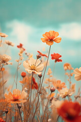 Autumn landscape, a field full of fresh flowers and meadow poppies in the wind. Yellow and red warm colors. Illustration. Generative AI.