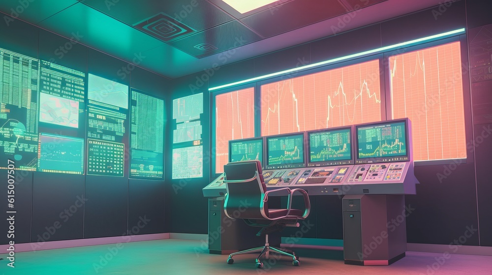 Poster Futuristic exchange stock trader room interior background. Generative AI technology
