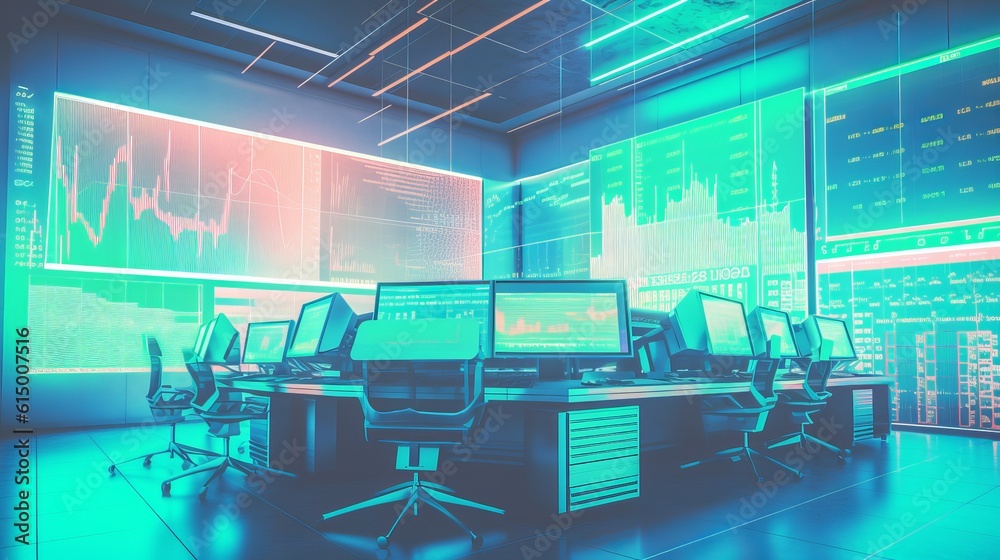 Poster Finance stock market computer system display room interior background. Generative AI technology
