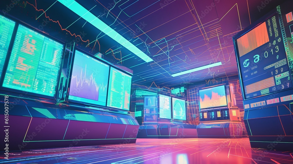 Aufkleber Futuristic trader computer system display room interior background. Generative AI technology