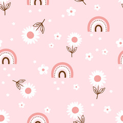 Seamless pattern with daisy flower and rainbows on pink background. 