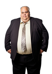 Fat obese middle-aged businessman portrait. Isolated on transparent white background. Generative AI