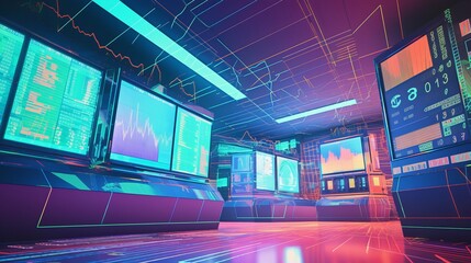 Futuristic trader computer system display room interior background. Generative AI technology