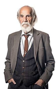 Old senior man in elegant retro suit. Isolated on transparent white background. Generative AI