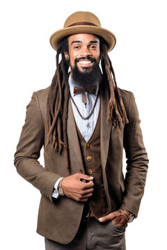 Smiling Afro-Americian hipster with long beard and hat. Isolated on transparent white background. Generative AI