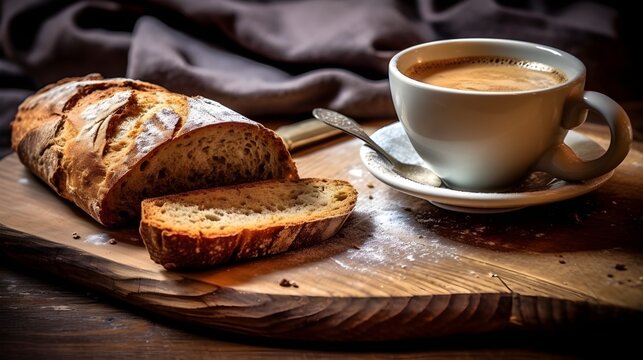 a good morning, coffee and bread. Created with Generative AI Technology
