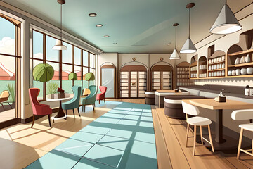 a cozy  café with cute furry friends roaming around,  beds and toys scattered throughout the space
