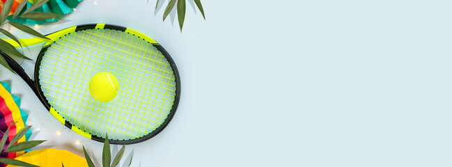 Tennis, summer banner with racket, yellow tennis ball, colorful paper fans and palm leaves on a...