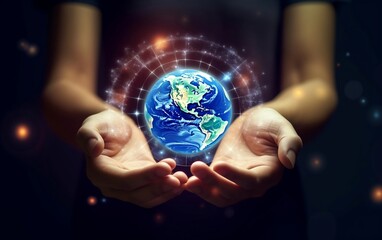 Hands Holding Globe with Icons Global Connectivity, Generative AI