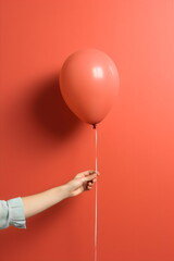 hand holding balloon string isolated on red plain studio background, made with generative ai