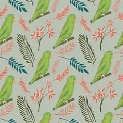 Hand drawn bird pattern on flower and leaves background