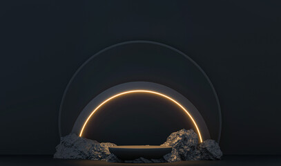 Dark podium, pedestal, platform on dark background. Golden frame, flying spheres - 3d render abstract illustration. Empty space for product mockup design. Show concert rewarding winners. 