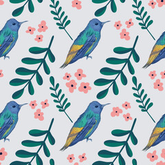 Hand drawn bird pattern on flower and leaves background