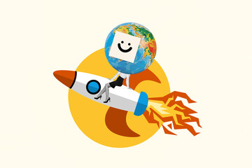 Artwork magazine collage picture of smiling lady planet instead head flying rocket isolated beige color background