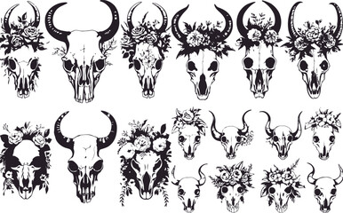Set of skull floral silhouettes, black and white design, vector illustration, SVG, great for t-shirts, mugs, birthday cards, wall stickers, stickers, iron-on, scrapbooking,