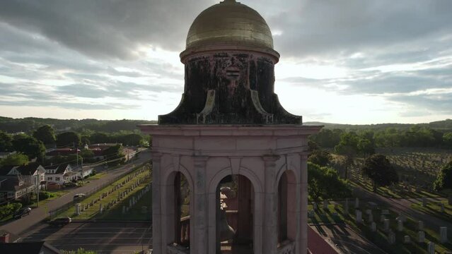 Drone footage of the bells and tower with the cross of Saint Marys Church, Cranston.