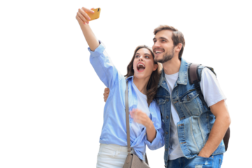 Beautiful lovely young couple on a transparent background, hugging while taking a selfie.