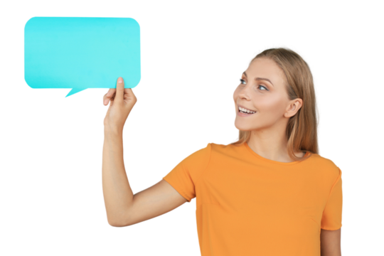 Happy beautiful young blonde woman standing on a transparent background holding empty speech bubble