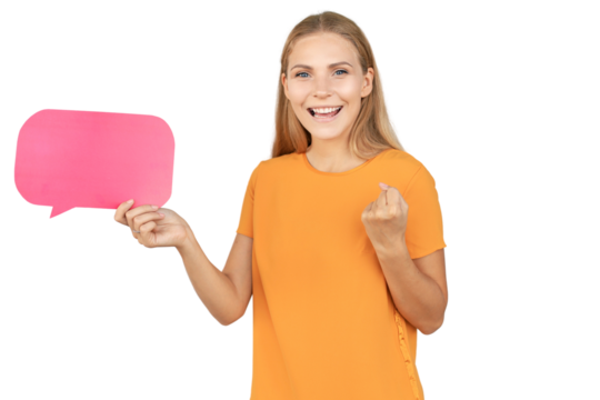 Excited young beautiful woman is holding empty speech bubble on a transparent background