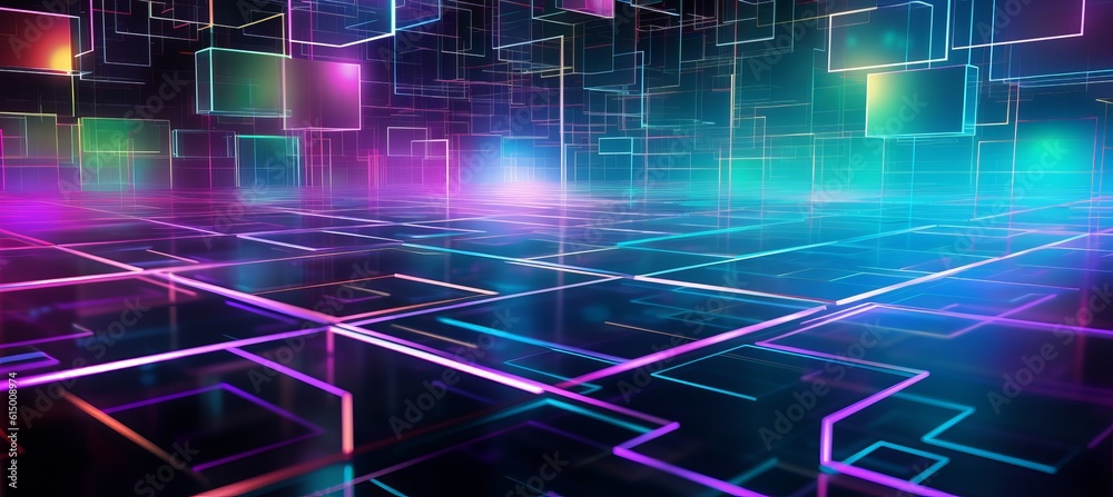 Poster Technology virtual space colorful neon glow background. Generative AI technology.