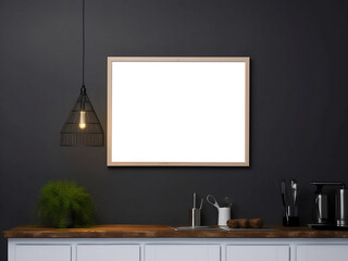Blank horizontal  decorative art transparent frame mock-up on a kitchen wall. Dark background