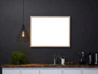 Blank horizontal  decorative art transparent frame mock-up on a kitchen wall. Dark background