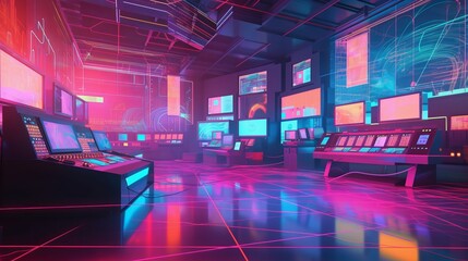 Futuristic data control room interior background. Generative AI technology