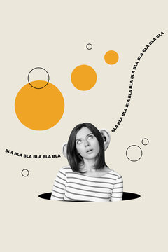 Collage pop retro sketch image of doubtful puzzled lady listening fake news big huge ears isolated painting background