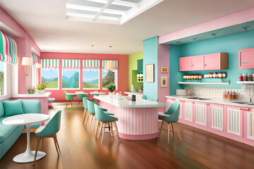  ice cream parlor with pastel-colored walls, a counter adorned with colorful toppings and sprinkles